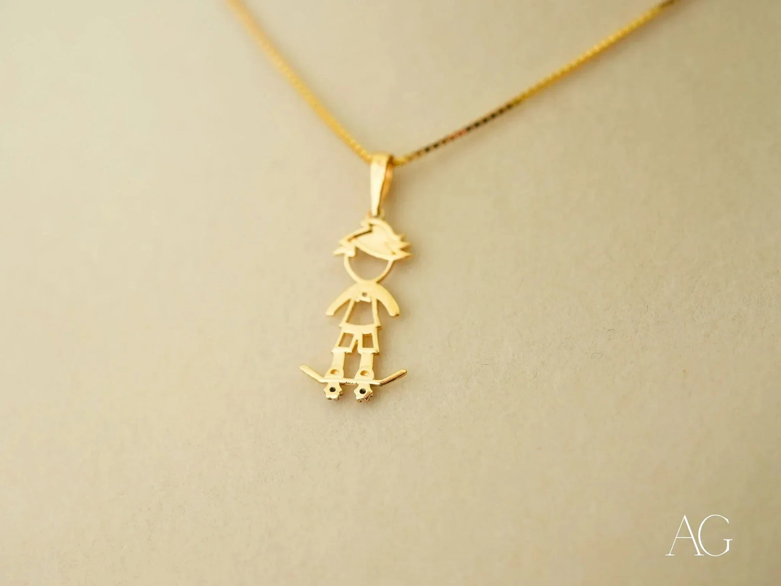 Golden Skater pendant: 18k solid gold boy on skateboard