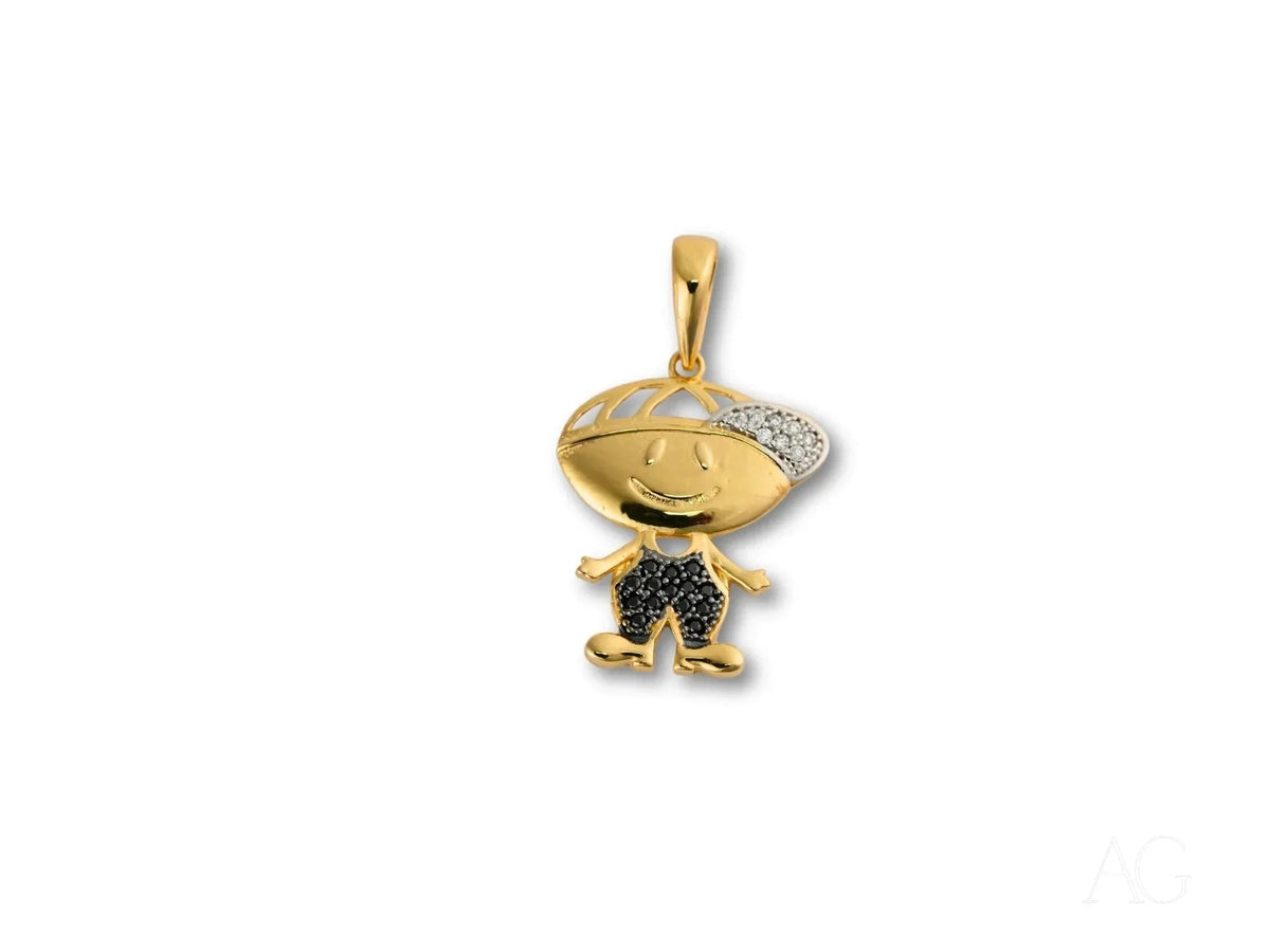 Golden Son Pendant: 18k solid gold boy with cap and pavé diamonds