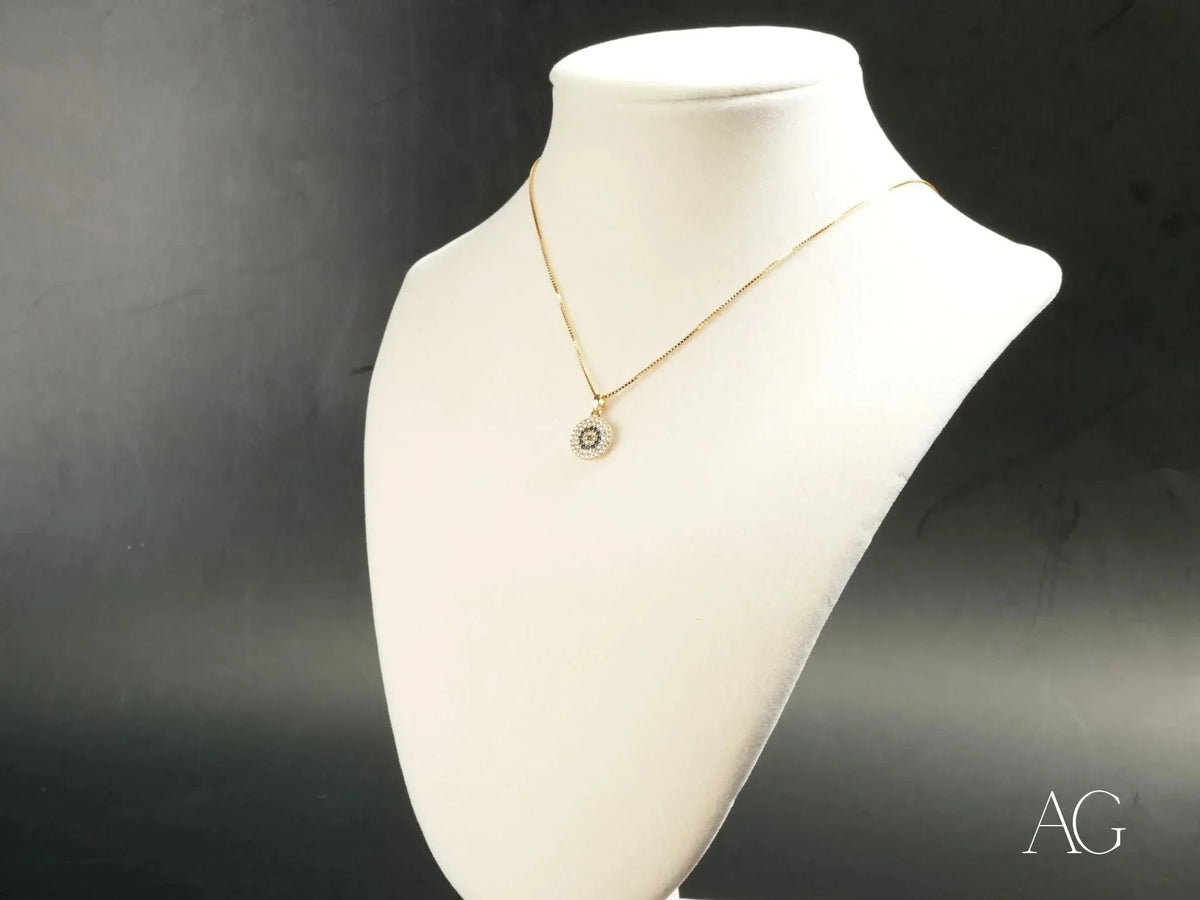 Golden Spark Pendant: 18k solid gold evil eye necklace with clear stones