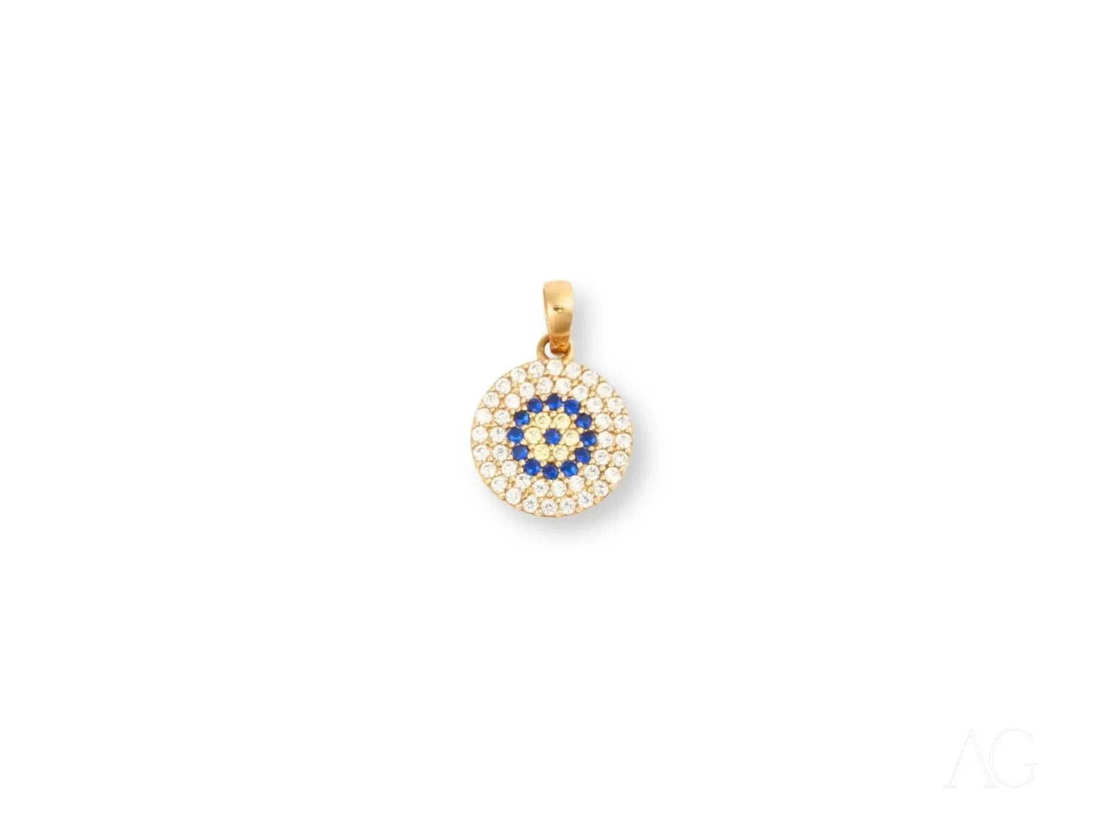 Golden Spark Pendant: 18k solid gold evil eye with white blue gems