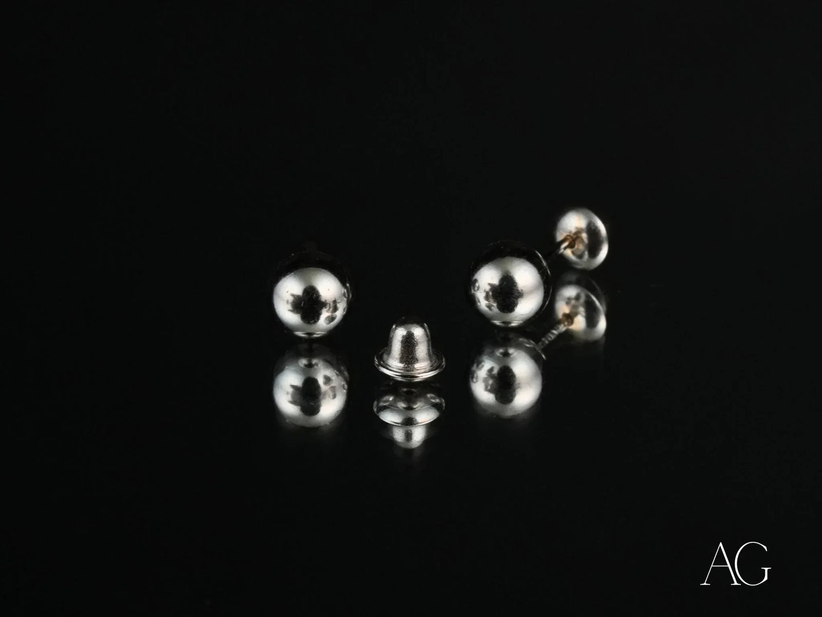 18K white gold 5mm ball earrings with silver backs