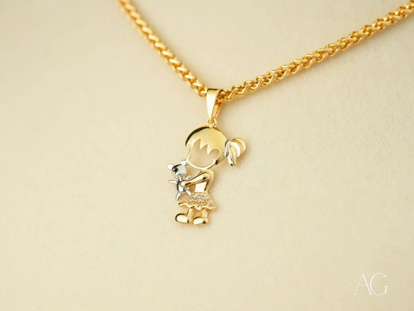 18k solid gold two-tone pendant of stylized girl holding star