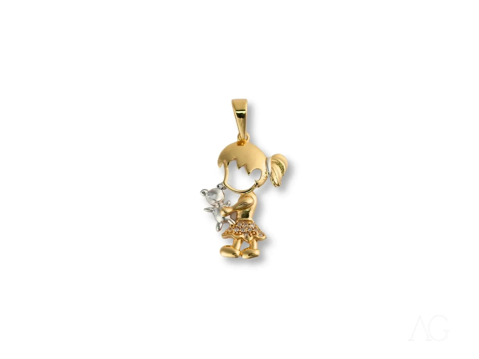 18k solid gold two-toned pendant of girl holding teddy bear, golden treasure jewelry
