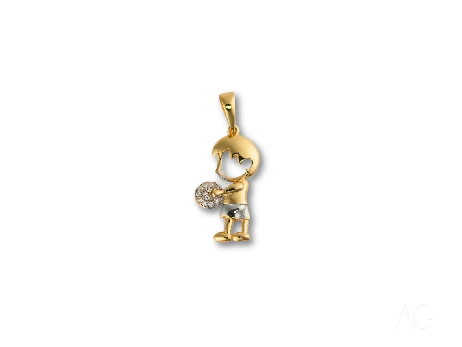 18k solid gold boy pendant with diamond-studded ball, Golden Treasure