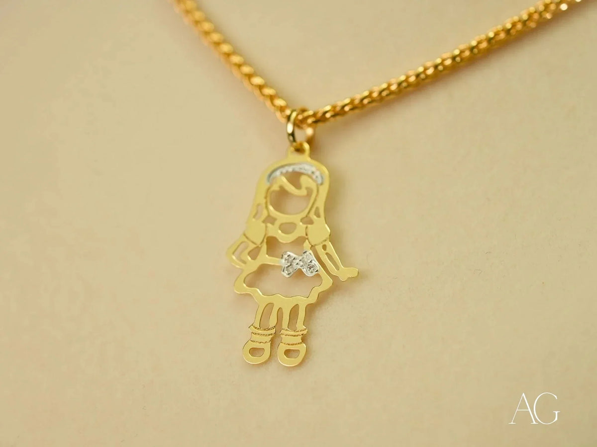 Golden Treasures Pendant: 18k solid gold necklace with diamond bow girl cutout