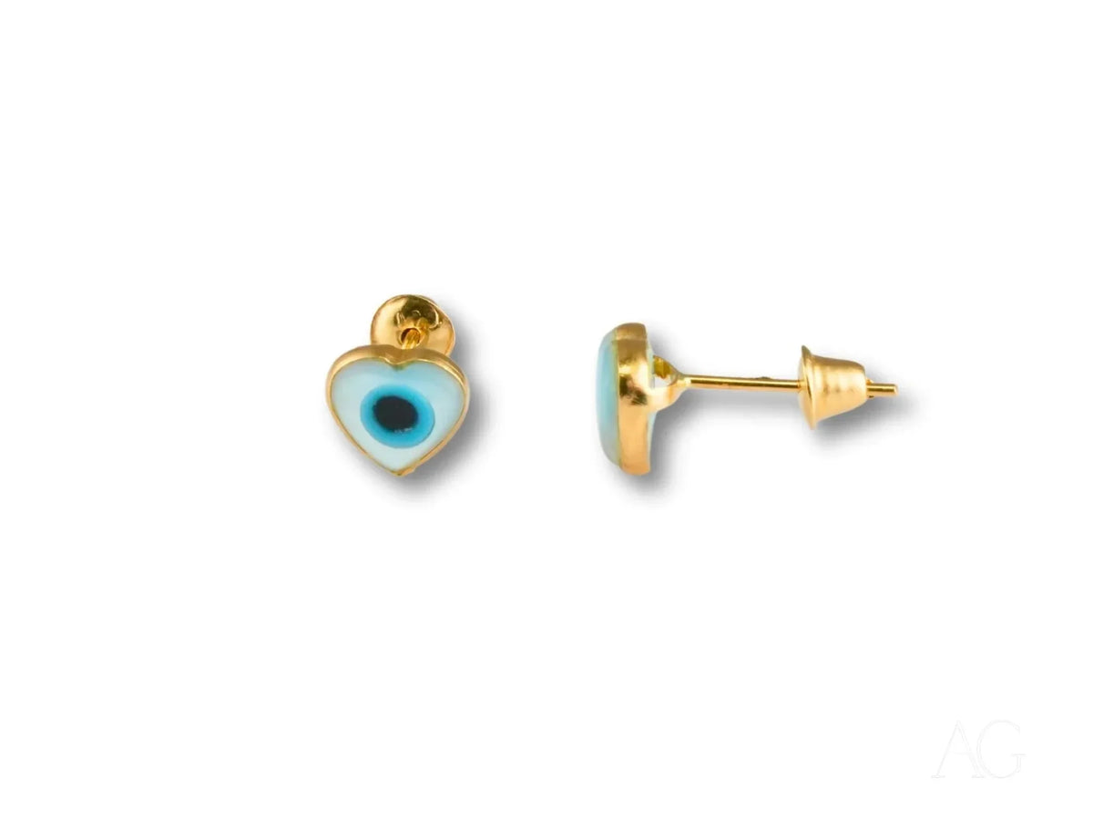 18k Gold Heart Evil Eye Earrings with Blue White Design
