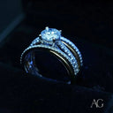 Radiant 1ct diamond three-piece ring in 18k white gold art jewelry