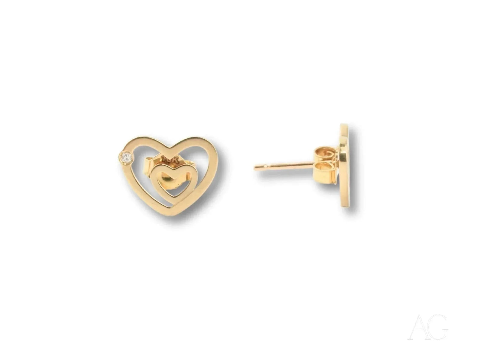 18k yellow gold heart diamond earrings with inner heart and diamond accent