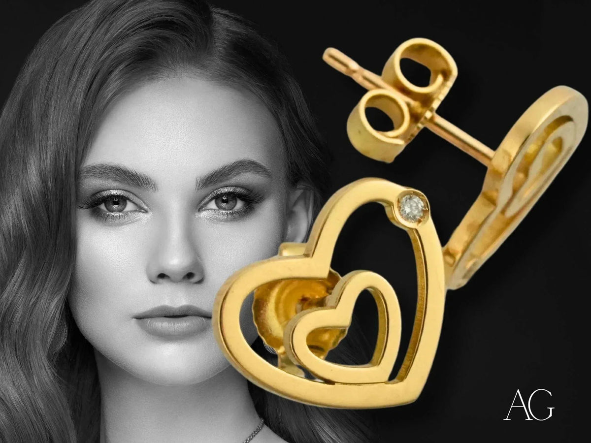18k yellow gold heart diamond earrings with diamond accent