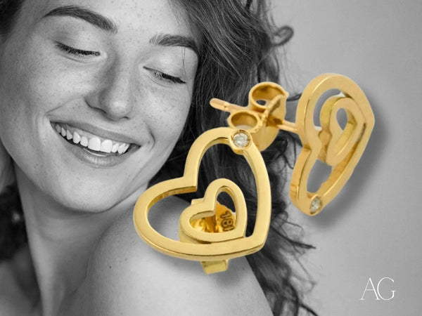 18k yellow gold heart diamond earrings with embedded diamonds