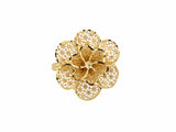 Top-down view of 18K gold flower ring with openwork lattice petals arranged in concentric layers