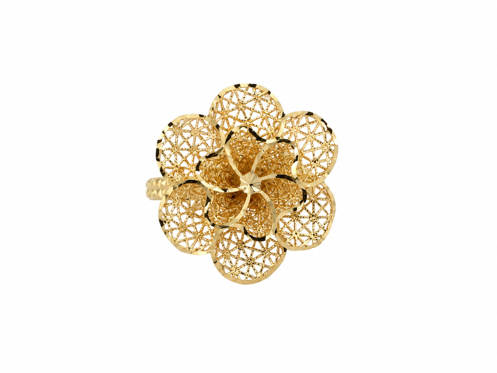 Top-down view of 18K gold flower ring with openwork lattice petals arranged in concentric layers
