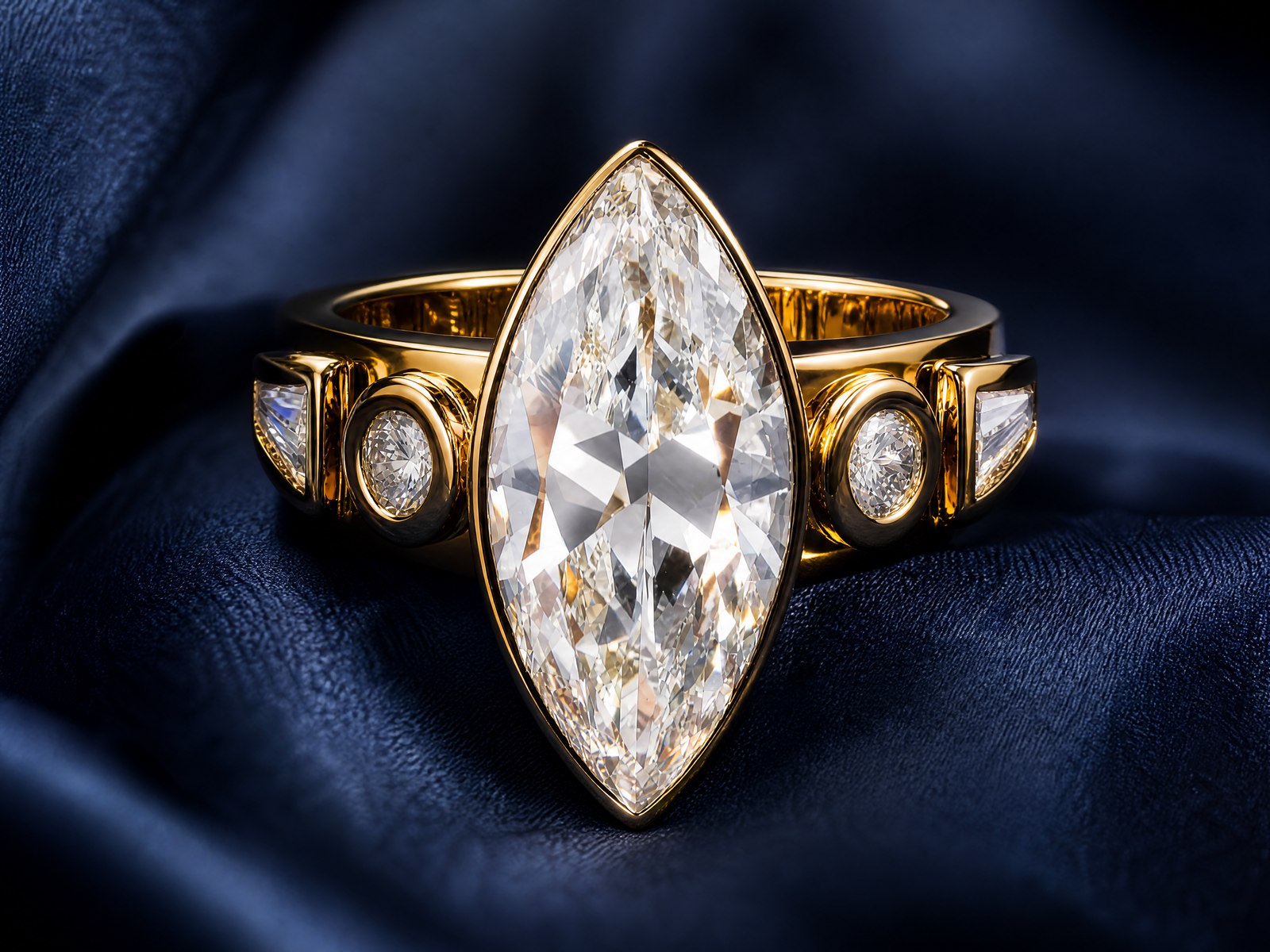 5ct Marquise Cut Diamond Ring – 18K Yellow Gold Bezel