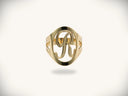 Gold-colored ring with an ornate, openwork letter ’r’ design featuring intricate detailing and a polished finish.