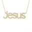 Gold-colored chain necklace with Jesus pendant encrusted with gemstones, art gold jewelry