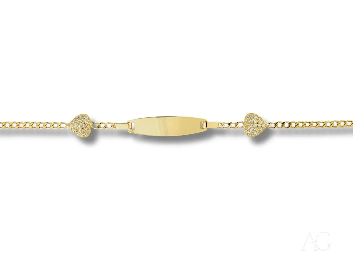 Personalized ID bracelet in art gold jewelry with curb chain, rectangular plate, pavé hearts, spring ring lock