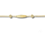Personalized ID bracelet in art gold jewelry with curb chain, rectangular plate, pavé hearts, spring ring lock