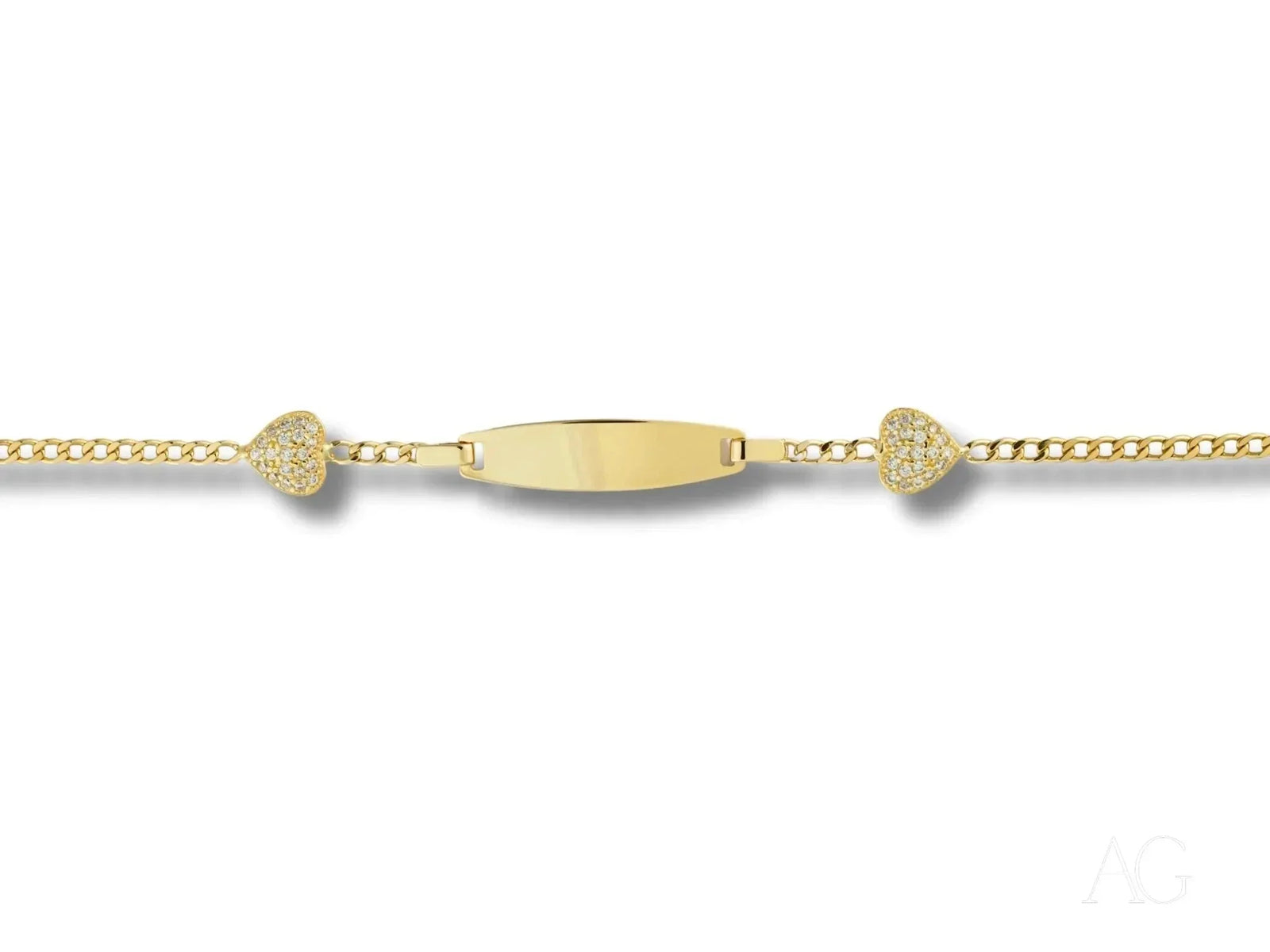 Personalized ID bracelet in art gold jewelry with curb chain, rectangular plate, pavé hearts, spring ring lock