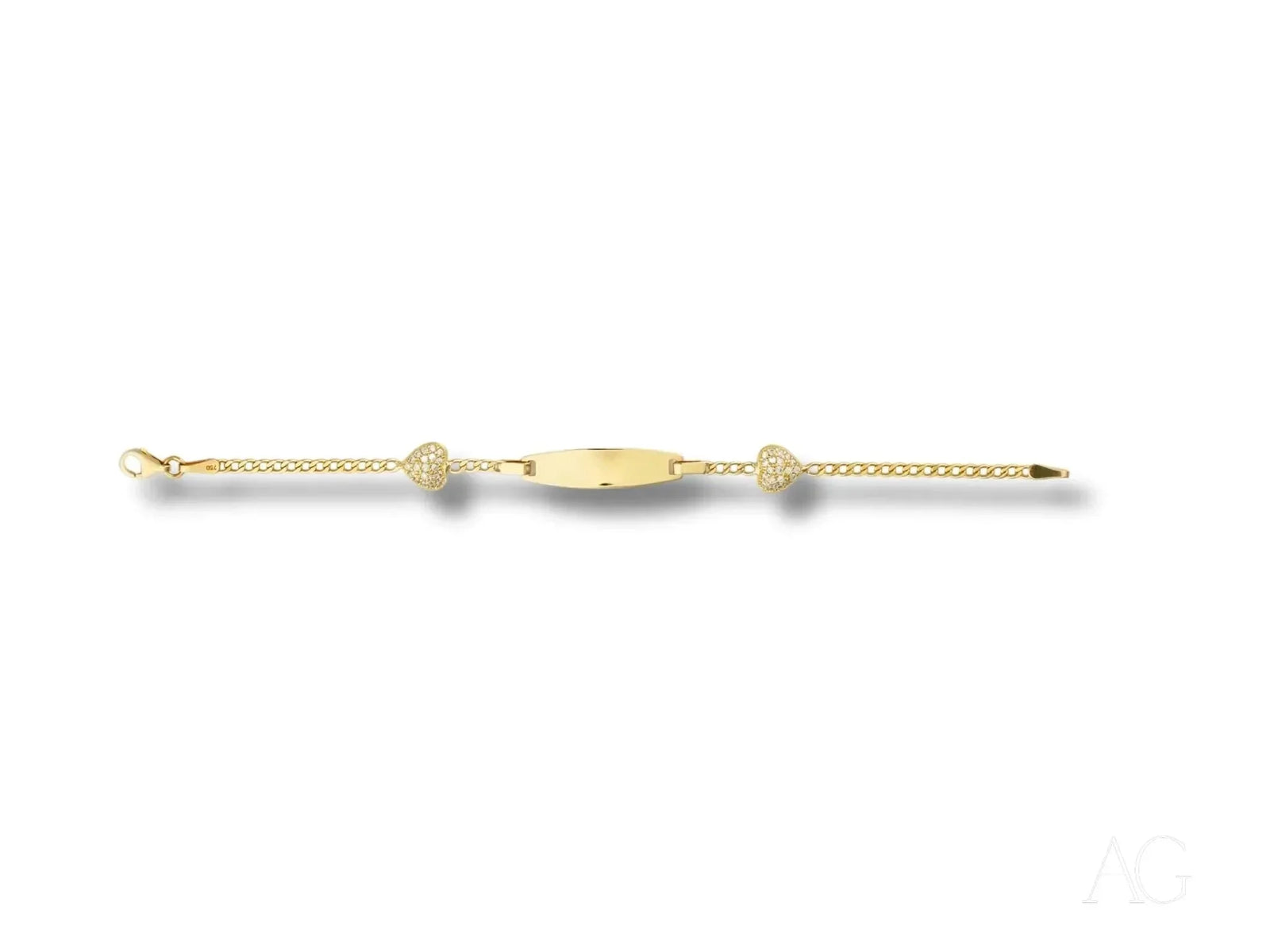 Personalized ID bracelet in art gold jewelry with diamond balls, heart motifs, and spring ring lock
