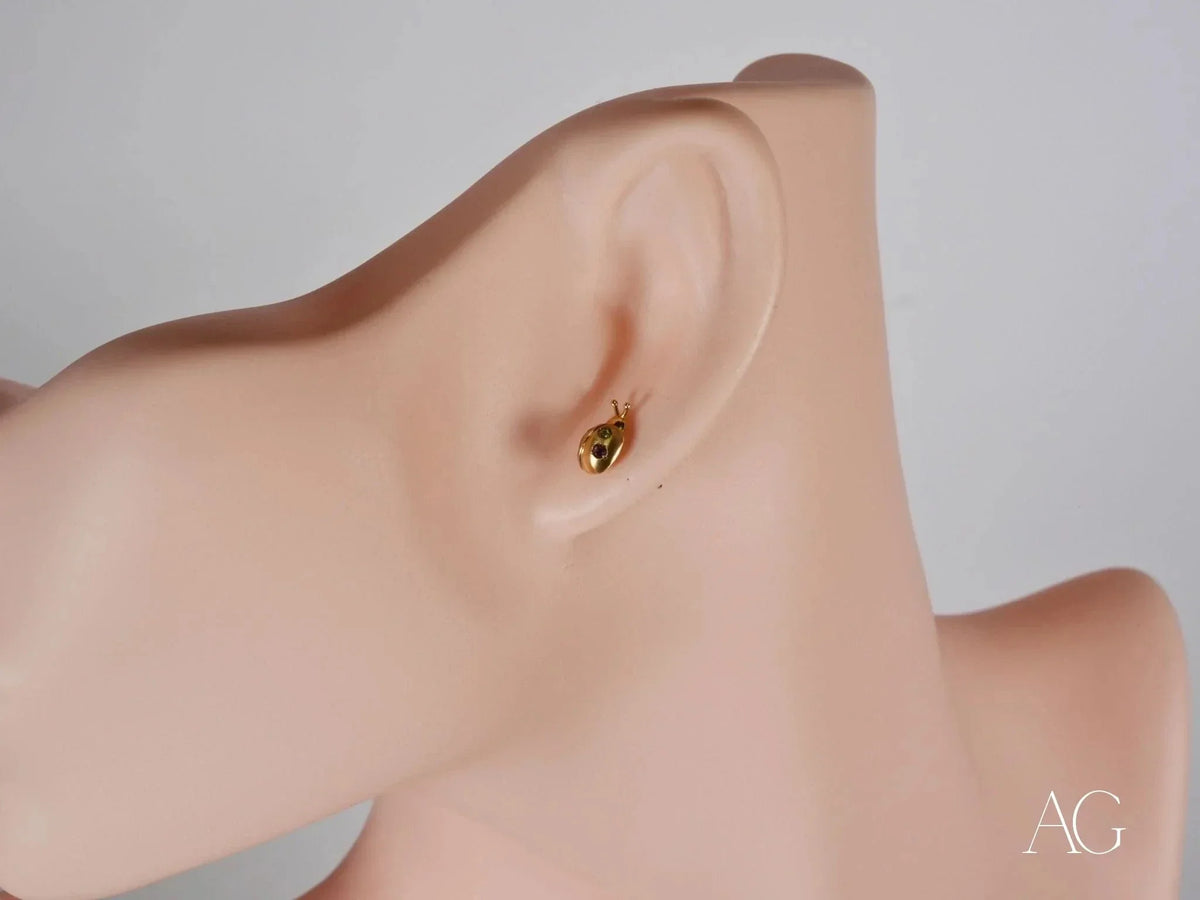 Golden ladybug stud earring in certified 18k solid gold with colorful CZ