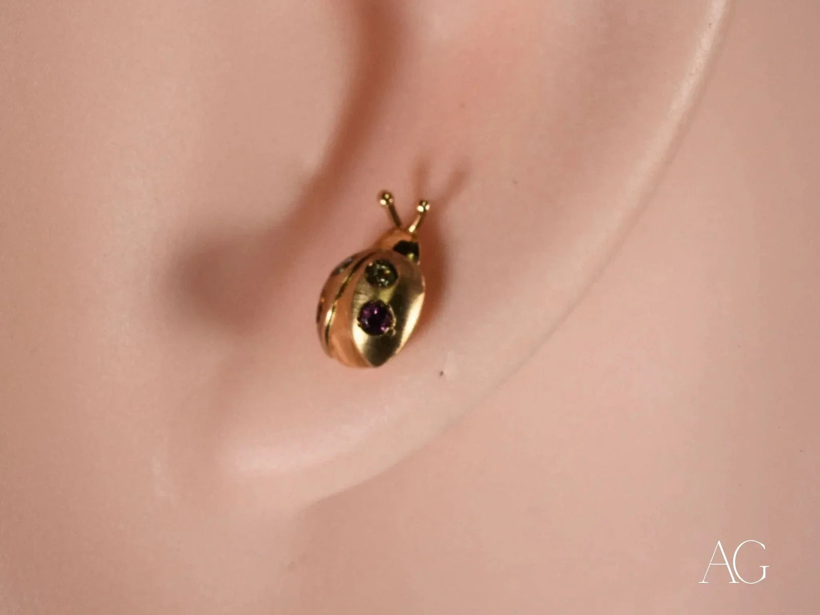 Certified 18k solid gold ladybug earrings with purple gemstones