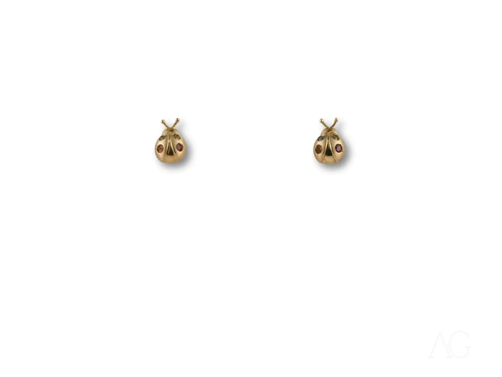Pair of certified 18k solid gold ladybug earrings with red spots and colorful CZ