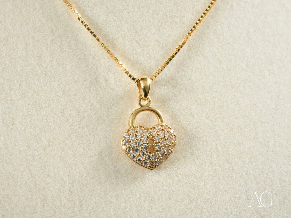 Locker Heart Pendant: Gold Chain with Heart Lock CZ Padlock