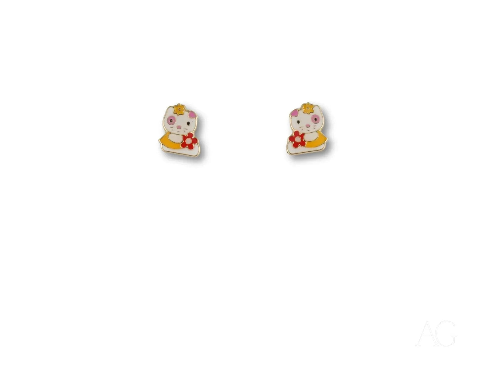 Adorable lucky cat 18k gold Hello Kitty earrings with red flower detail