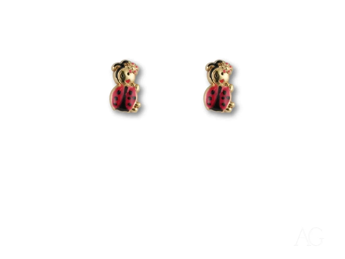 18k gold ladybug stud earrings in red and gold for kids