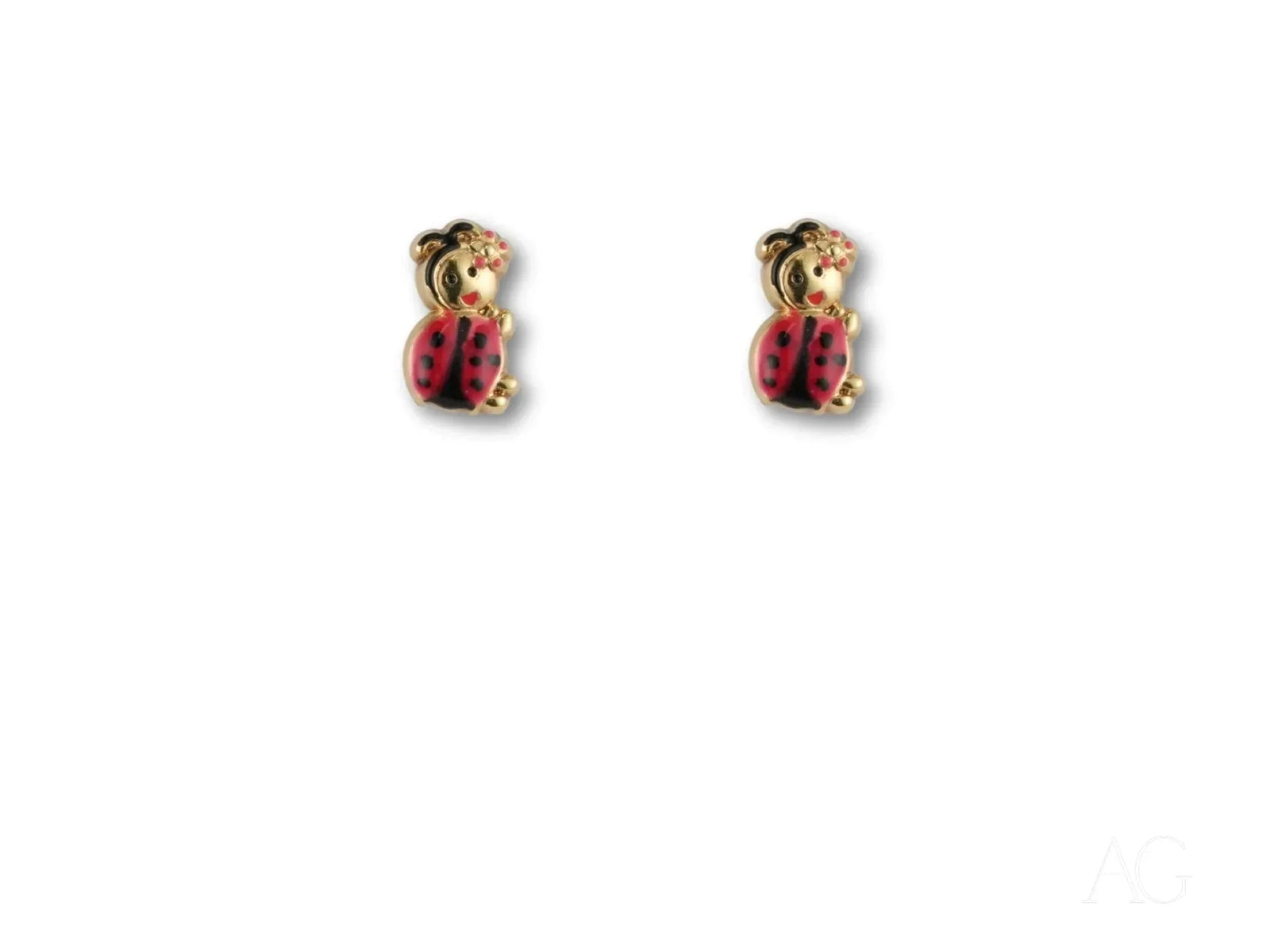18k gold ladybug stud earrings in red and gold for kids
