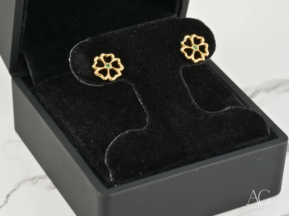 18K gold green CZ clover earrings with flower studs and green center stone