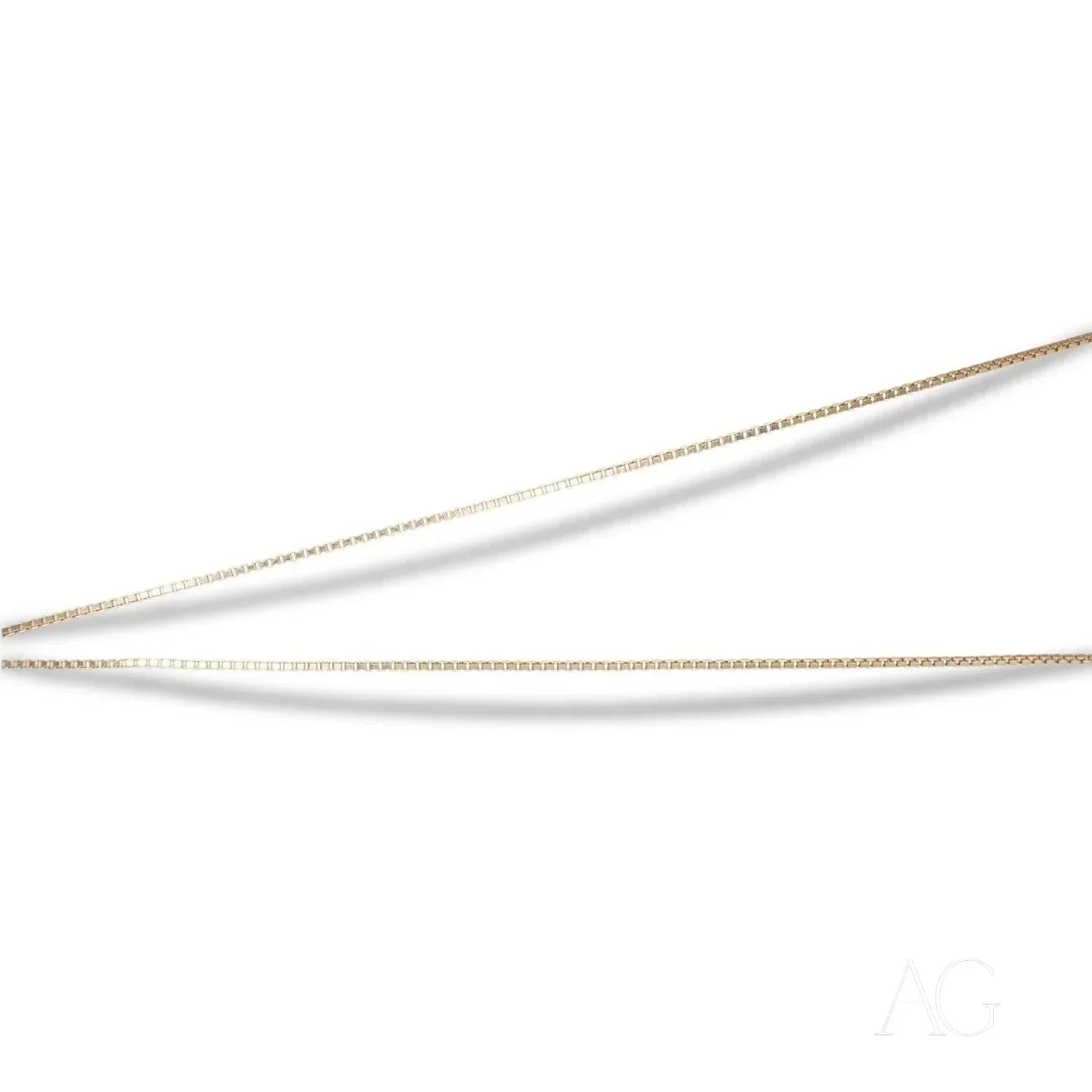 Luxurious 14k gold box chain with two delicate curved links on white background
