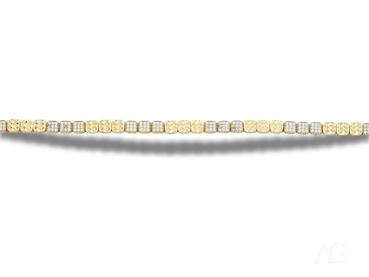 Luxurious solid 18k gold bracelet with alternating rows of yellow and white diamonds, polished gold finish