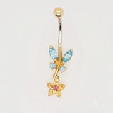 18k gold bellybutton with dangling flower charm and topaz gems
