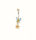 18k gold bellybutton piercing with blue clear gem butterfly and dangling flower charm featuring pink yellow gems