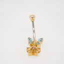 18k gold bellybutton piercing with butterfly, flower, blue, amber gems