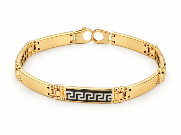 Three-quarter angle of men's 18k gold bracelet with white gold details, alternate