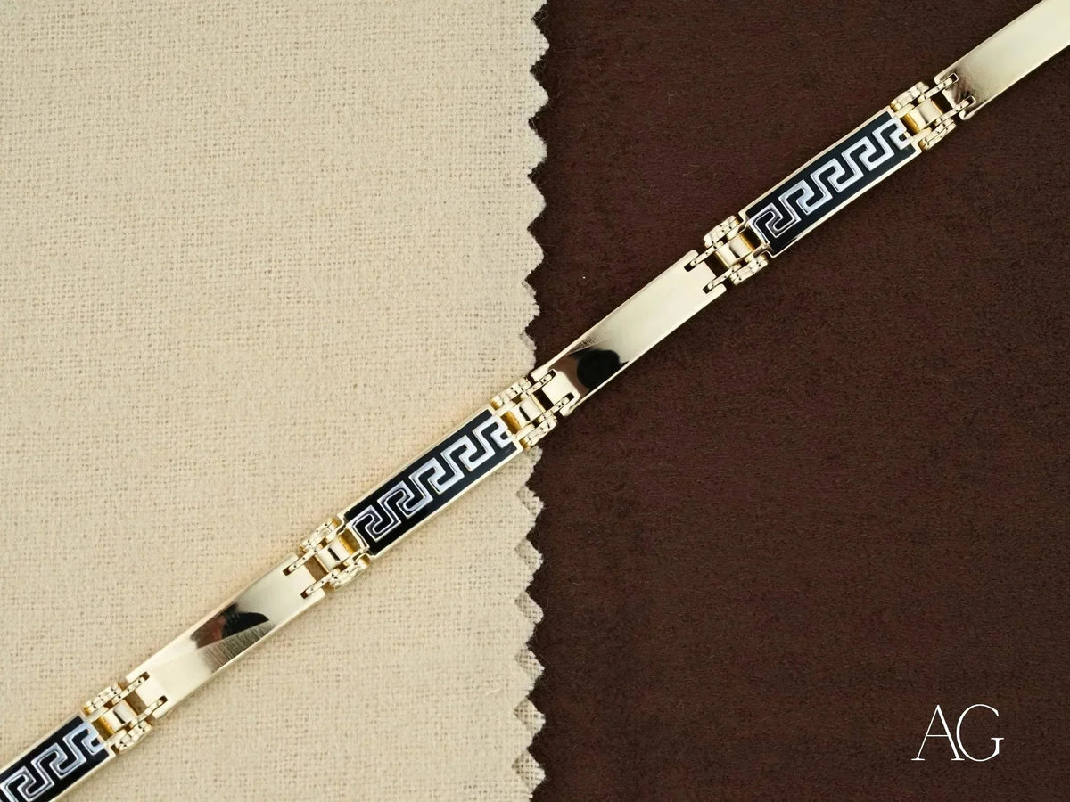 Men’s art gold jewelry bracelet with white gold details and intricate black accents