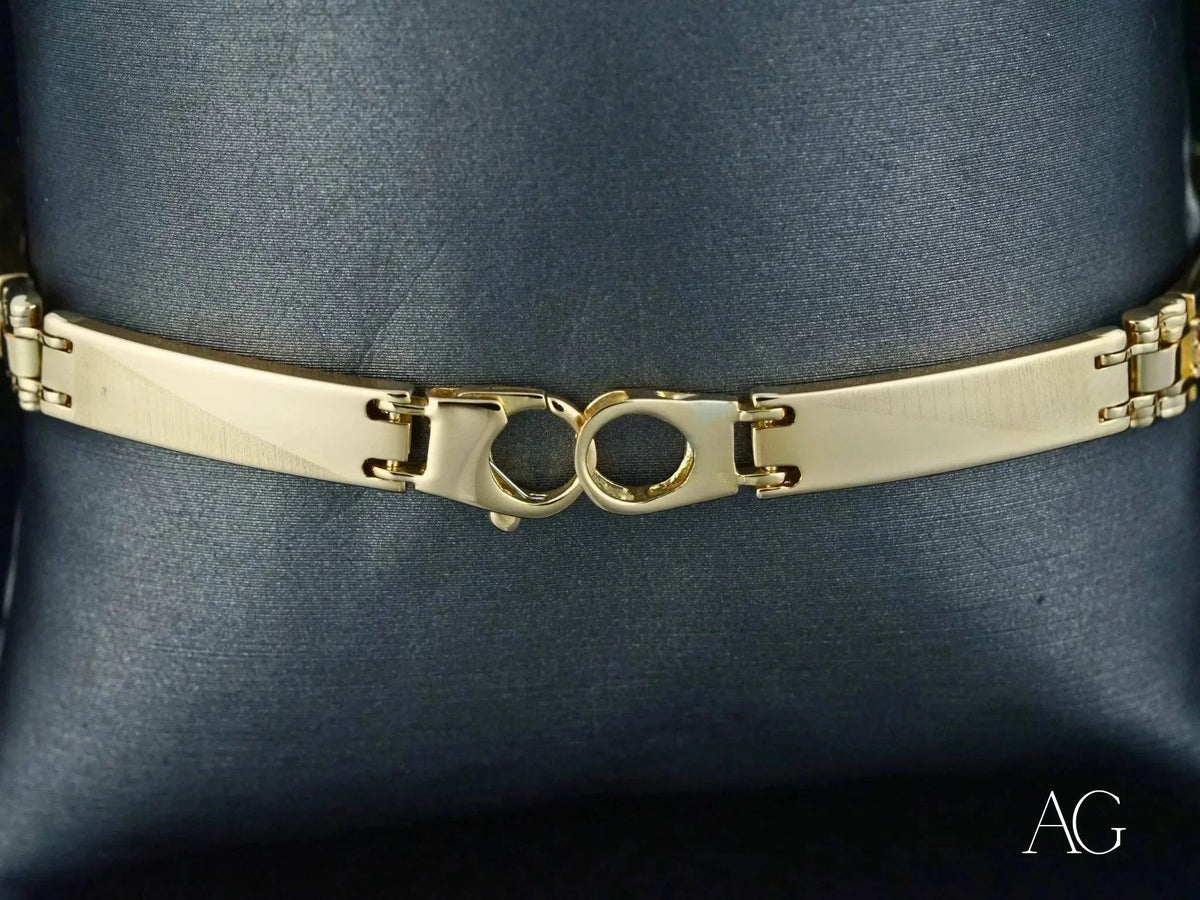 Shiny mens art gold jewelry bracelet with white gold details