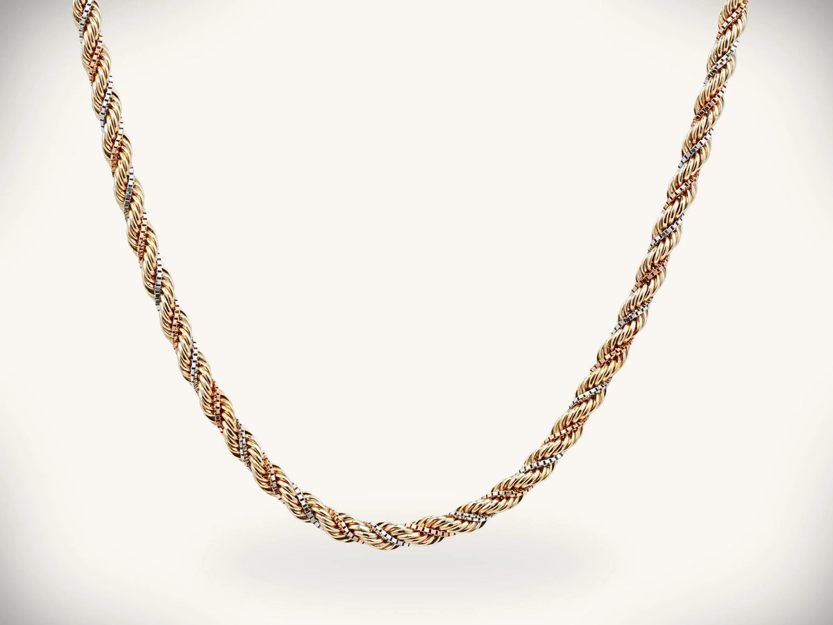 Meridian Weave tri-color art gold jewelry necklace with intertwined gold links