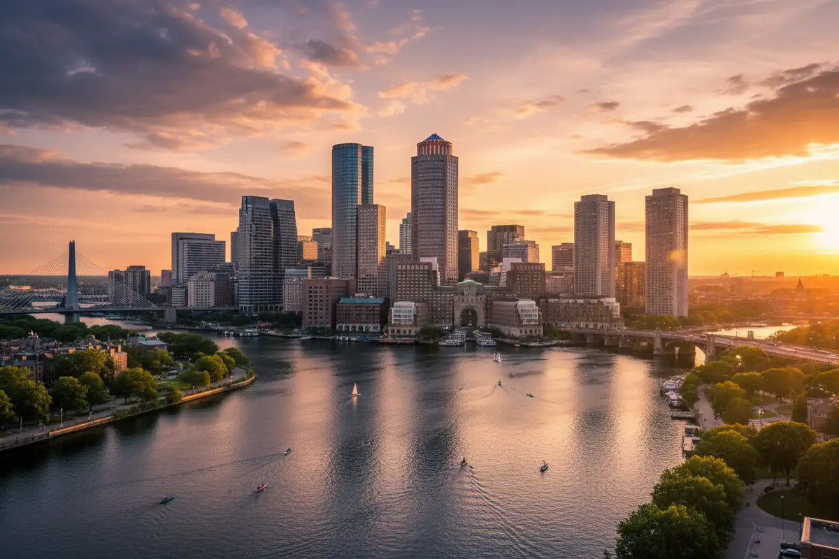 A modern city skyline at sunset, featuring tall glass and steel skyscrapers reflecting the warm orange glow of the sky.