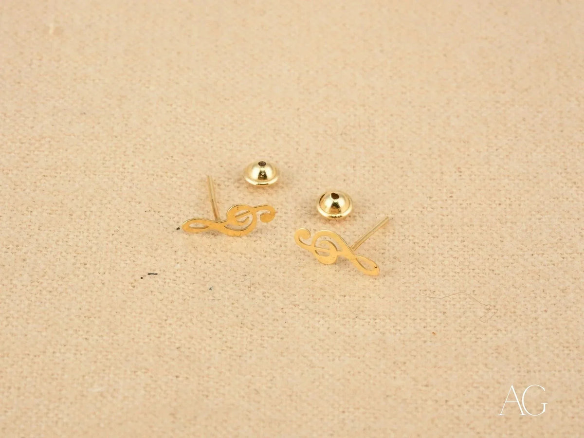 Certified 18k solid gold music note earrings, delicate treble clef studs