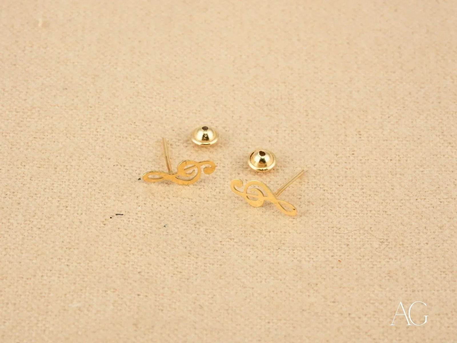 Certified 18k solid gold music note earrings, delicate treble clef studs