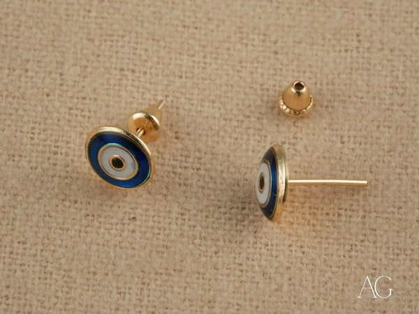 18k gold evil eye earrings with mystic blue white enamel design