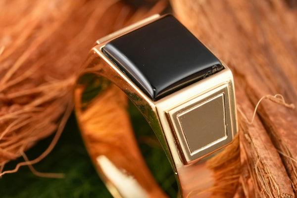 Dominus Ring with sculpted black onyx and men’s 18K gold signet design