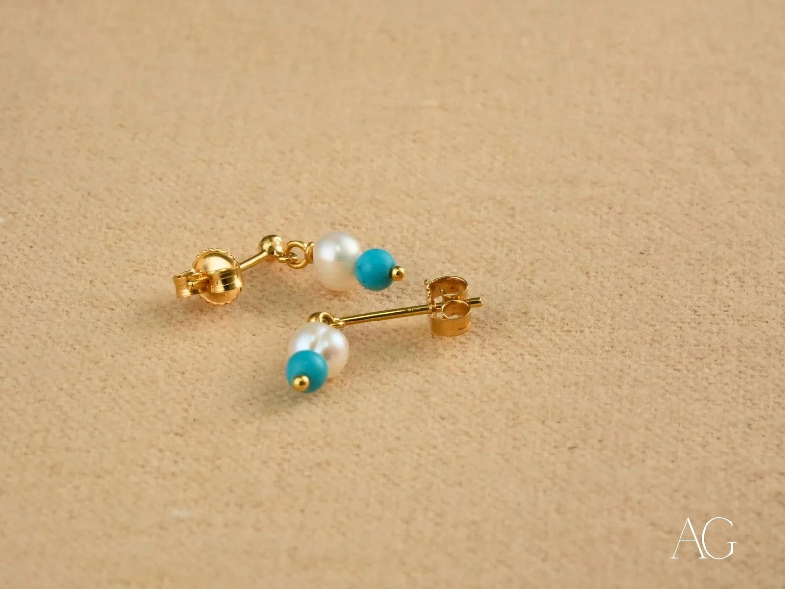 Ocean Breeze 18k gold pearl earrings with vibrant turquoise beads