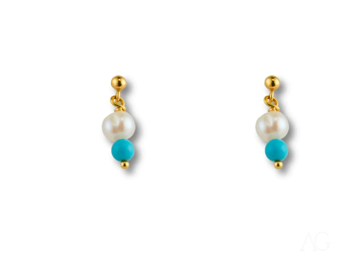 18k gold pearl drop earrings with vibrant turquoise bead