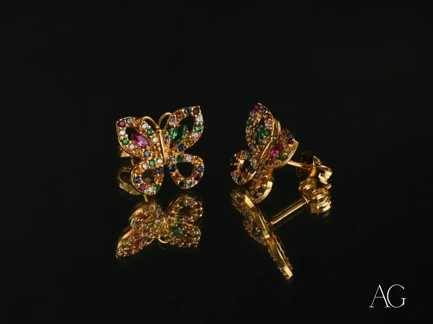 18K gold earrings - Colorful Flight – 18K Gold Multicolor CZ Butterfly Earrings