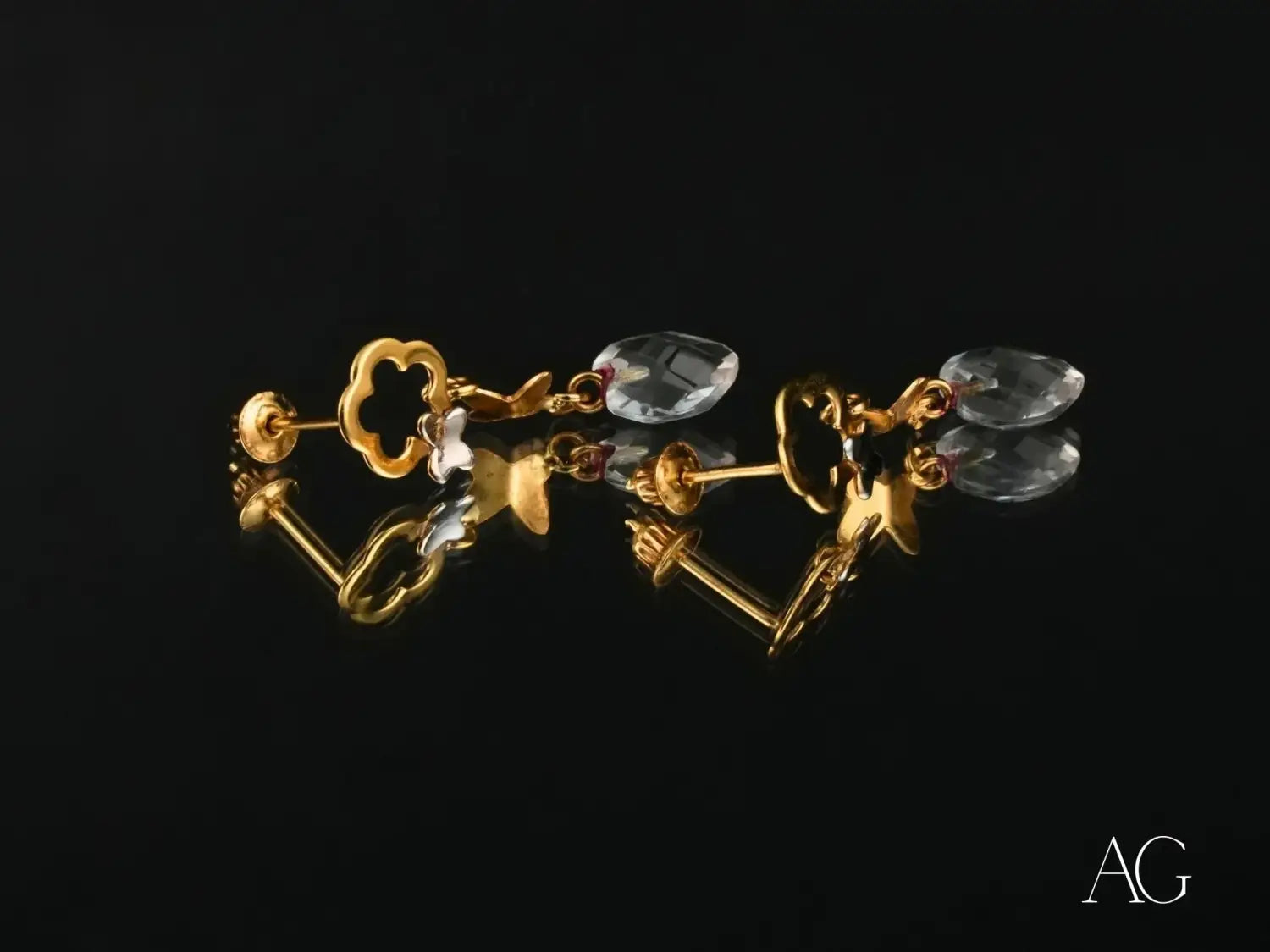 Whispering Butterflies – 18K Gold Crystal Drop Earrings