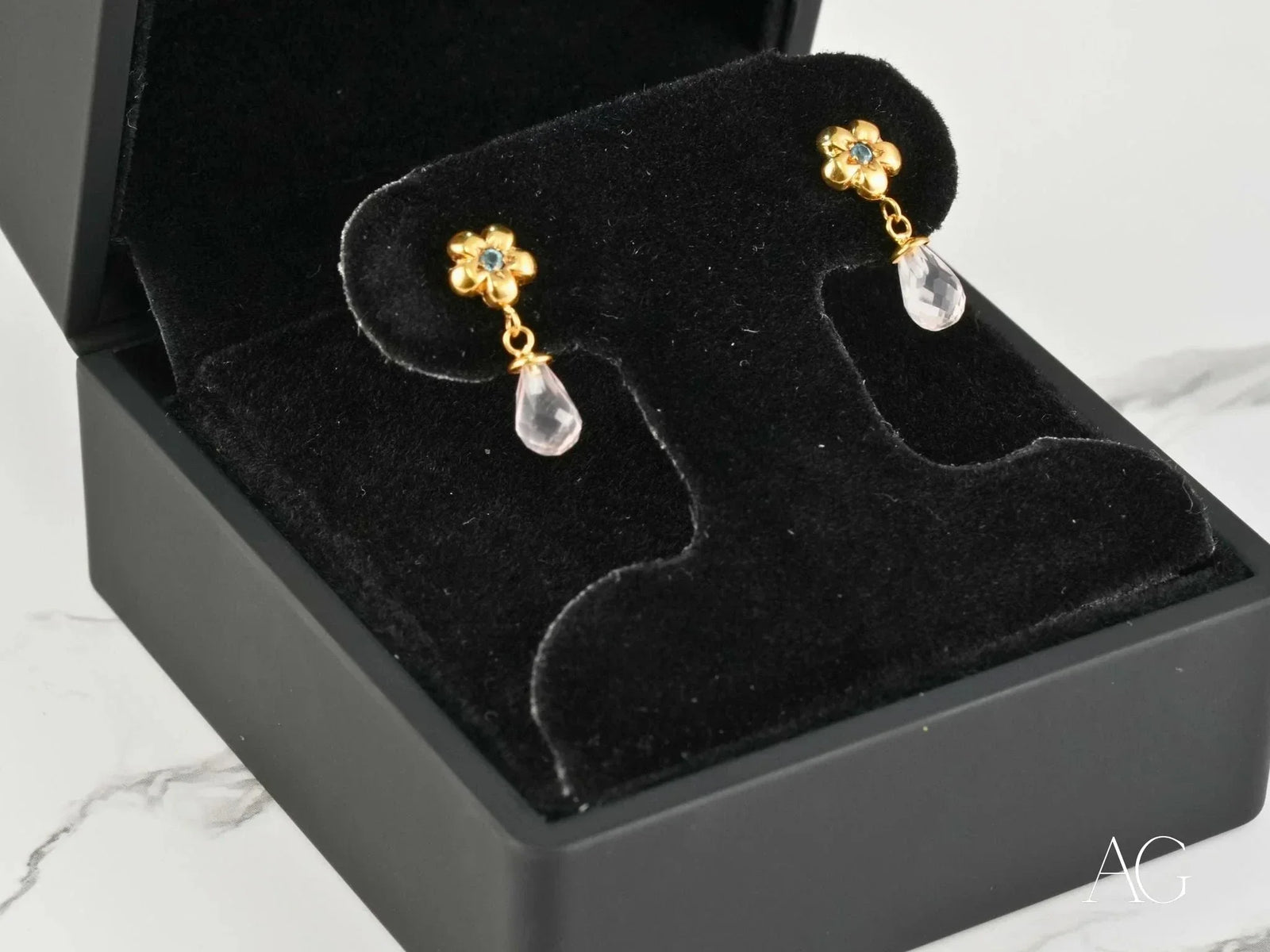 18k gold flower petal drops crystal drop earrings with teardrop stones